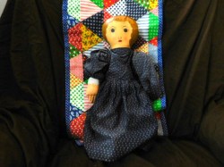 16" INCH ALL CLOTH DOLL, BLUE CALICO DRESS, STAMPED FACE FEATURES